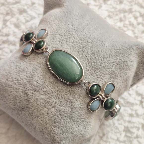 Sterling Silver Floral Jade & Larimar Stone Bracelet - Picture 2 of 10